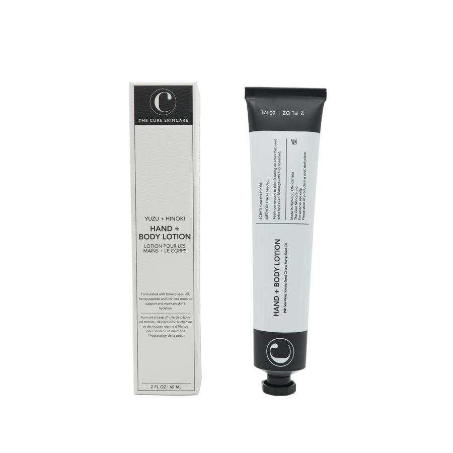 Hand and body lotion tube with packaging on a white background